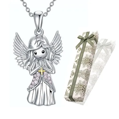 KSJEHW Cadena de ángel de la guarda de plata, colgante de ángel con cristales, bautizo, comunión, regalos de cumpleaños para niñas y niños Con caja de regalo(1)