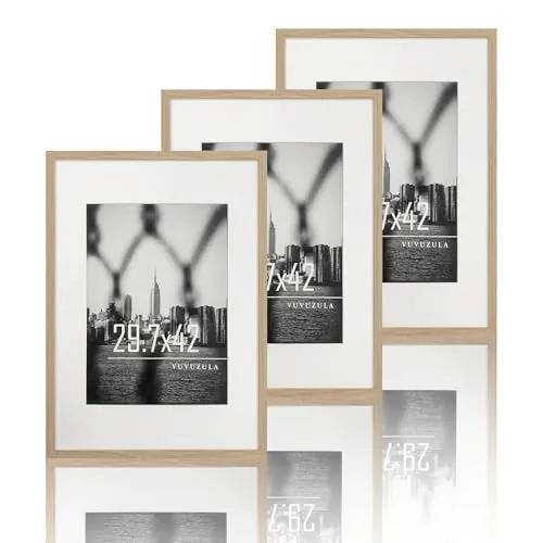 VUVUZULA Marco de fotos A3, 30 x 42 cm, marco de madera de roble, juego de 3 unidades, DIN A3, con paspartú, certificados, marco de póster natural