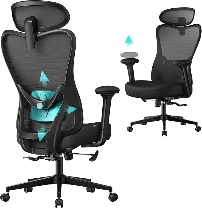 SONGMICS Silla de Oficina Ergonómica, Silla de Escritorio, con Reposacabezas y Soporte Lumbar Ajustables, Carga de 150 kg, Altura Ajustable, Negro Tinta OBN066BH01