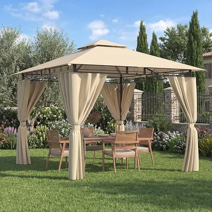 Devoko Cenadores para Jardin 3x3,Impermeable Cenador 3x3,Resistente Cenador al Aire Libre,Marco de Metal con Mosquitero Cenador,Beige
