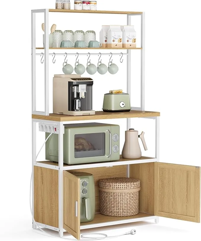 VASAGLE Estantería de Cocina con Enchufes, Altura de 90 cm, Estantería para Microondas con 8 Ganchos, 40 x 80 x 170 cm, Roble Dorado y Blanco Nube KKS059YA02