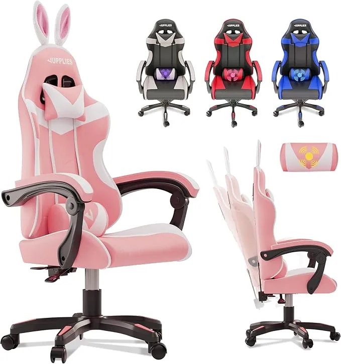 JUPPLIES Silla Gaming Profesional con Masajeador - Silla de Oficina Ergonómica sin Reposapiés, Altura Regulable y Respaldo Abatible - Silla Gamer para Juegos