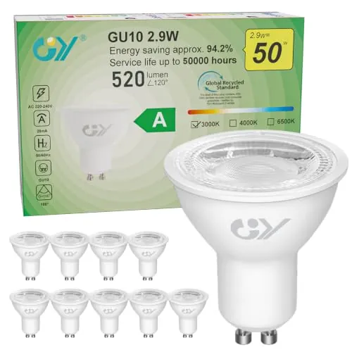 GY 2.9W Bombilla LED GU10 Clase A, 520LM (Eq. 50W) 3000K Blanco Cálido, No Regulable, No Parpadean, 100 Grados Ángulo de haz, Bombillas GU10 LED Bajo Consumo, 10 Pieza