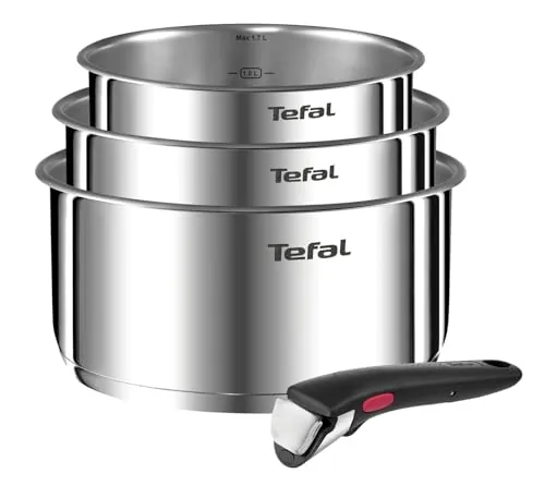 Tefal Ingenio Emotion - Juego de 3 Cazos, Acero Inox, Sin Revestimiento