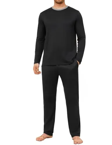 Crewhpo Pijama Hombre Invierno Conjunto de Pijamas Algodón Ropa de Dormir | Ropa de Noche, Parte Superior, Borde Contrastado, Tacto Suave, Corte Holgado, Descanso Nocturno, Temporada Fría, Interior
