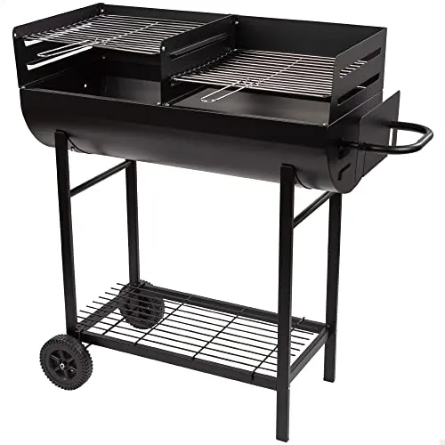 Aktive 52809 Barbacoa carbón y leña Altura regulable Medidas 97x42x96 cm Doble parrilla de acero y depósito de cenizas extraíble 2 ruedas para fácil transporte Concebida para el exterior