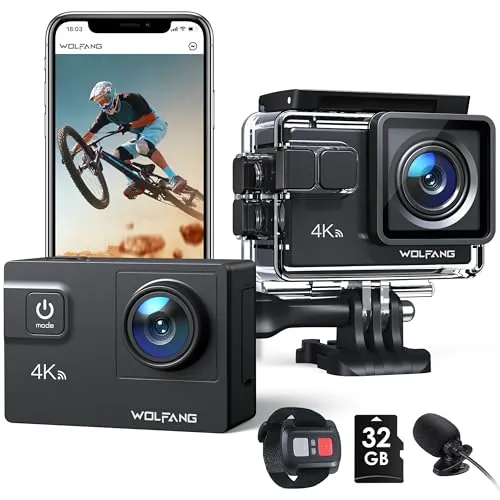 WOLFANG GA300 Cámara Acción 4K, Submarina 40m Impermeable con Tarjeta 32GB, WiFi 60FPS 24MP, Zoom 8X + Gran Angular 170° EIS, Mando 2.4G, Pantalla Táctil, 2 Baterías 1350mAh
