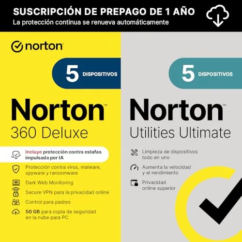 Norton 360 Deluxe+Utilities 2026|Antivírus 5 Dispositivos|1 año con renovación automática| Descarga digital