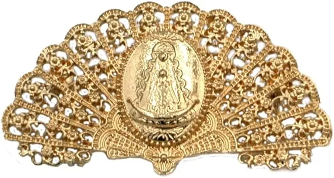 Broche con forma de abanico Virgen del Rocío de color dorado