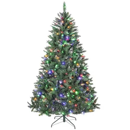 HOMCOM Árbol de Navidad 210 cm con Luces LED 9 Modos de Iluminación Verde | Árbol Navideño de Abeto, 1160 Ramas con Nieve Artificial, Soporte Metálico, Fácil de Montar