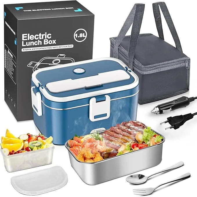 Anykuu 100W 1.8L Fiambrera Electrica Extra Grande 3 en 1 Tartera Eléctrica Cuenco eléctrico Portatil 12V/24V/220V con Bolsa Térmica y Cubiertos-Acero Inoxidable para Coche Camión y Trabajo
