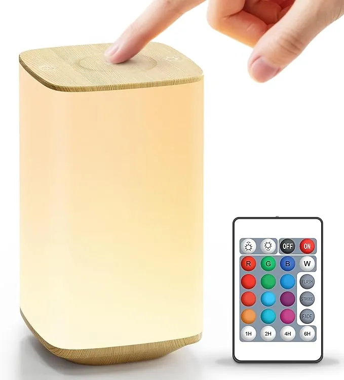 Auxmir Lámparas de Mesita de Noche, Recargable por USB 4000mAh, Lámpara de Mesa LED, 256 Colores RGB, 4 Modos, Control Remoto y Táctil, Temporizador, Luz Nocturna para Niños, Dormitorio, Color Madera