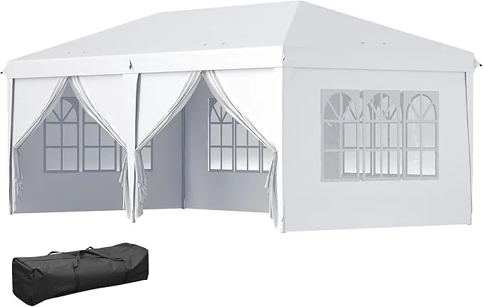 Outsunny Carpa Plegable 6x3x2,7 m Cenador de Jardín Gazebo Plegable con 4 Paneles 4 Ventanas 2 Puertas con Cremallera 1 Bolsa Anti-UV Impermeable para Exterior Terraza Patio Playa Blanco