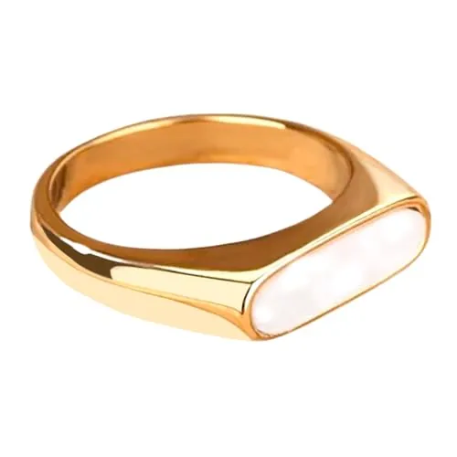 GOLDENCAT Anillo Eva Talla 6, Anillo de Acero Dorado, Anillo Baño Oro con Concha Marina, Diámetro Interno del Aro 16.5 mm, Concha Marina, Acero de Titanio, Baño Oro 18k