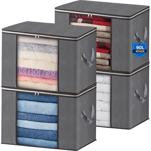 AIOR 4pcs Bolsa de Almacenamiento de Ropa Plegable, 90L Grandes Cajas de Almacenaje Ropa con Cremallera y Mango Reforzado, No-Tejida Organizador Guardar para Edredones Mantas, 60x40x35cm