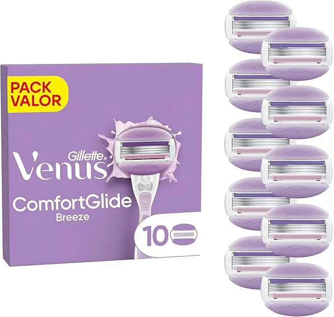 Gillette Venus Comfortglide Breeze, Recambios para Maquinilla de Afeitar para Mujer, Pack de 10 Cuchillas de Recambio con 3 Hojas para Una Depilación Suave, Apurada Y Duradera