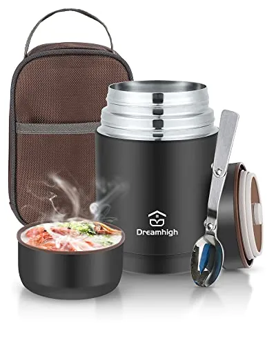 Dreamhigh® Termo para Comida 800 ml, Recipiente Térmico para Comida, Frasco Acero Inoxidable Contenedor Térmico con Bolsa Aislada e Cuchara Plegable, para Adultos Niños-Sin BPA (Negro)