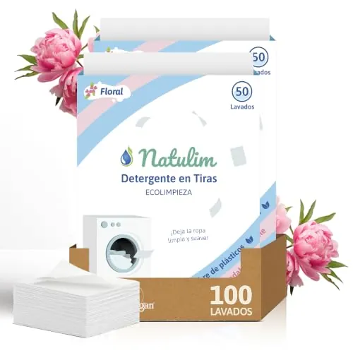Natulim - Detergente en Tiras para Lavadora (100 Lavados) - Incluye efecto Suavizante, Ecológico, Hipoalergénico, Made in Spain - Ropa limpia y suave sin ensuciar el Planeta (Floral) - 2 Pack