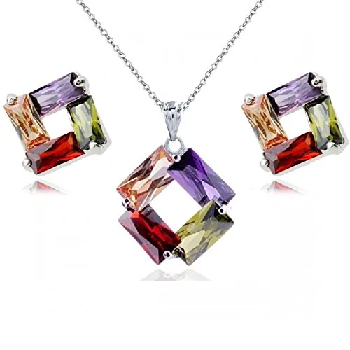 Crystalline Azuria Mujer 18ct Chapado en Oro Blanco Colorido Zirconia Rombo Juego de joyas Collar Pendientes para Mujer y Niña