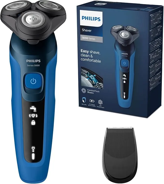 Philips Serie 5000 Afeitadora Eléctrica Hombre, Máquina de Afeitar Barba con recortadora, 27 cuchillas, Cabezal flexible 360º, 50min de uso, En Seco y Húmedo, Recargable, Funda, S5466/18, Azul Negro