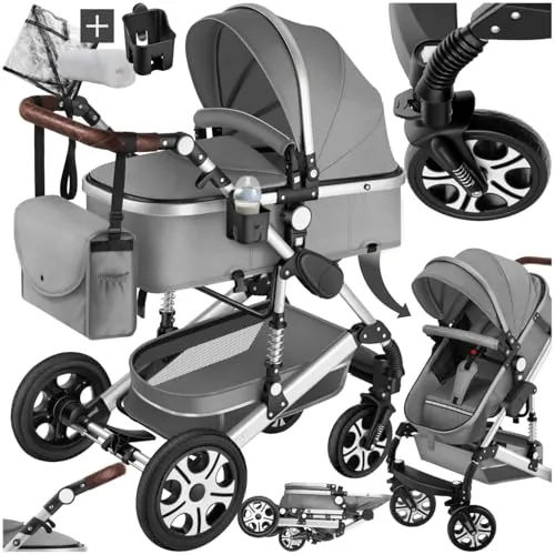 tectake® Cochecito Bebé Combinado 2 en 1, Carrito Bebé Plegable con Capazo Extraíble, Silla de Paseo con Respaldo Ajustable, Arnés de 5 Puntos, Freno de Pie y Capota Plegable, Carro Bebés - gris