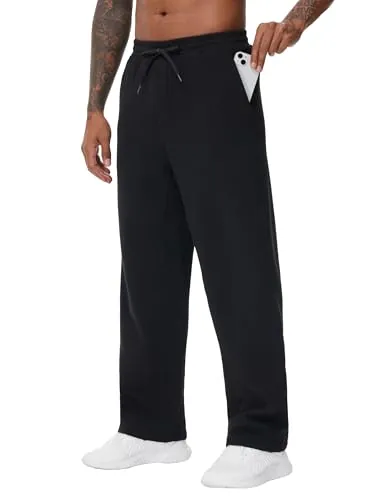 The Gym People Pantalones de chándal de algodón para Hombre, Negro, L | Cintura elástica, corte recto, dobladillo abierto, forro polar, cintura con cordón, 3 bolsillos, pantalones deportivos para