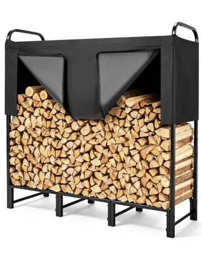 Leñero Exterior Metálico con Cubierta Impermeable, 122×32×118 cm, Negro | Estante Almacenamiento Leña, Leñera Registro de Leña, Soporte de Almacenamiento de Madera para Exterior