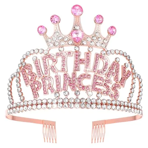 Corona de cumpleaños para mujer, corona de princesa de cumpleaños de oro rosa con peines para niñas, tiara de diamantes de imitación, decoración de feliz cumpleaños, accesorios rosa, Diamante falso