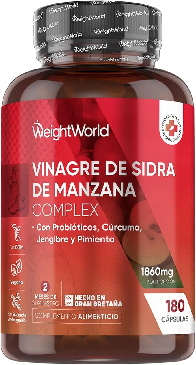 Vinagre de Sidra de Manzana 1860 mg - 180 Cápsulas con Probióticos, Cúrcuma, Jengibre y Pimienta de Cayena - Suplemento para 2 Meses de Suministro - Sin OGM y Apto para Veganos