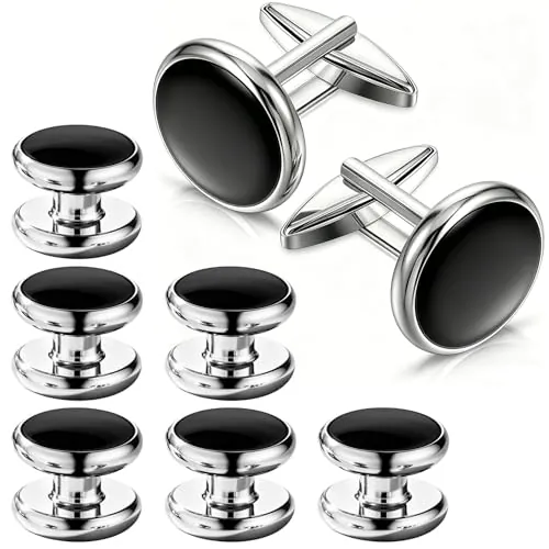 GAZIL Juego de gemelos y botones para hombre, 8 piezas, clásicos gemelos de acero inoxidable para camisa de vestir, negocios, boda y ceremonia, joyería elegante, regalo