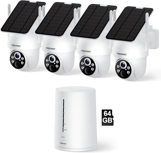 2K Camara Vigilancia WiFi Exterior Solar, Kit de 4 con Base, Sin Costo Mensual, 360°, 64 GB de Almacenamiento Local, 4MP Cámara Solar Exterior Sin Cable con PIR Detección, Visión Nocturna