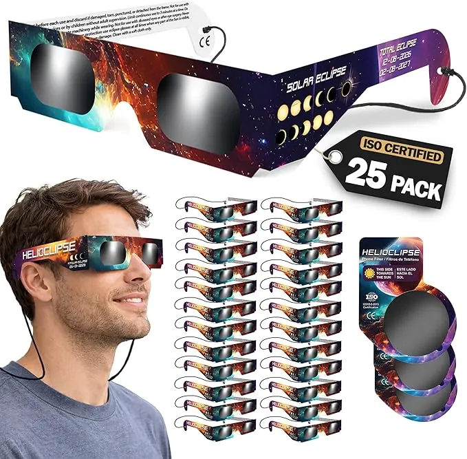 Helioclipse Pack de 25 Gafas de Eclipse Solar Homologadas para Ver Eclipse 2026, Gafas Eclipse Solar Homologadas ISO 12312-2, Certificadas CE, Solar Eclipse Glasses, Eclipse Glasses Seguras