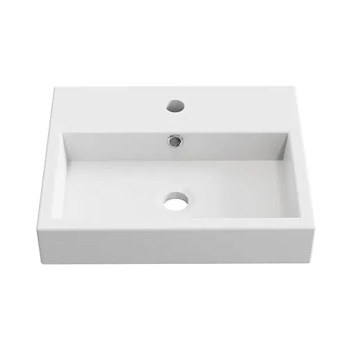 BAIKAL - Lavabo Cerámico sobre Encimera. Lavabo Cuadrado en acabado Blanco Brillo. Medidas 46 x 37 x 9 cm. Con orificio para grifo. Envío con Embalaje Reforzado