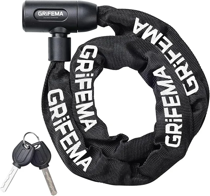 GRIFEMA GA1201-12 Candado de Bicicleta Antirrobo con Llave, Candado de Cadena para Bicicletas, Motos, Scooters, 120cm, Negro