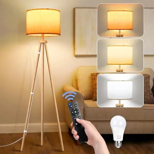 NIKYJM Lámpara de pie Trípode de Madera Regulable con Bombilla E27 12W 3 Colores 3000K-6000K Lámpara de pie con control remoto para sala de estar Oficina