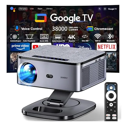 Proyector 4K 【FIFA World Cup/1500 ANSI/Google TV】 XIWBSY Proyector Bluetooth Portatil 38000 Lúmenes, Gira 360 °, Official Apps, Control por Voz, 1080P FHD, Proyectores Video Cine En Casa/Exterior