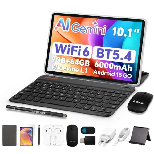 TECLAST P33 Tablet 10 Pulgadas Android 15, Gemini AI, 64GB + 4TB TF, 10 Accesorios, Widevine L1, 6000 mAh, Octa-Core, WiFi 5G &BT 5, GPS, Tablet con Teclado, Lápiz, Funda