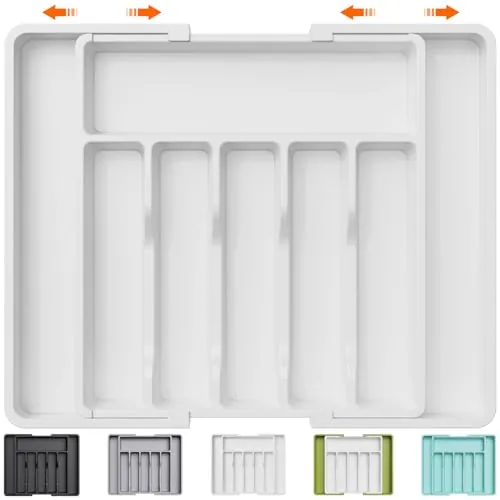 Lifewit Organizador Cubiertos Cajón Cocina, Bandeja para Menaje Extensible | Cubertero Compacto para Almacenar Cucharas, Tenedores y Cuchillos, Ancho 33-57 x Fondo 38 cm, Lote 1, Blanco
