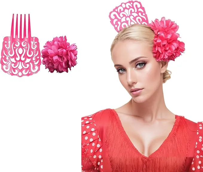 Peineta Flamenca Grande con Flor para el Pelo Mujer – Set 2 Piezas, Accesorios Tradicionales para Feria de Abril, Traje de Sevillana y Fiestas Andaluzas (ROSA LISO)