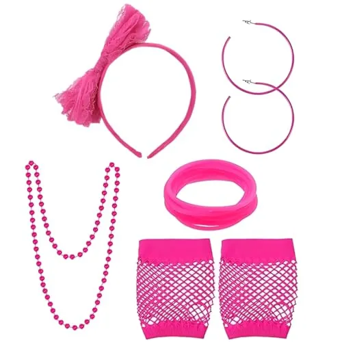 5 accesorios de neón de los años 80, diadema de encaje, aretes de neón, guantes de red, collar y pulsera