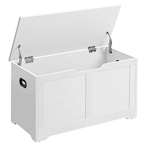VASAGLE Puff Almacenaje, Banco Almacenaje con 2 Bisagras de Seguridad, Banco Zapatero, Estilo de Campo, 40 x 80 x 46 cm, para Pasillo Dormitorio Salón, Blanco Nube LSB063T14