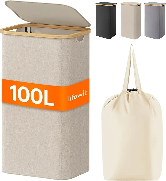Lifewit Cesto para la Ropa Sucia de 100L con Tapa, Cesta para la Colada con Asas de Bambú y Una Bolsa Extraíble, Cesto de Ropa Plegable Grande para Dormitorio, Cuarto de Baño, Lavadero, Beige