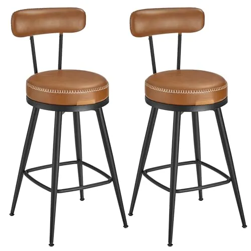VASAGLE EKHO Colección - Taburetes de Bar Giratorias 360°, Juego de 2, Sillas de Barra con Respaldo, Cuero Sintético con Costuras, Moderno Siglo Medio, Altura 65 cm, Marrón Caramelo LBC089K01V2