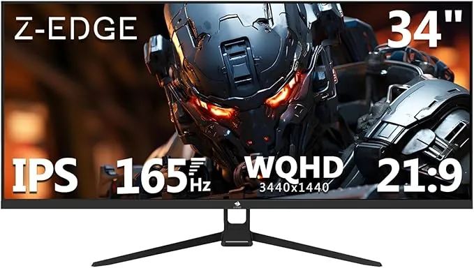 Z-Edge Monitor Gaming 34'' UWQHD (3440x1440), 165 Hz, Panel IPS, 1 ms, Monitor Ultrapanorámico 21:9, FreeSync, 300 CD/m², 2× DP1.4 y HDMI2.0, RGB,Inclinación Ajustable,VESA 75×75 mm