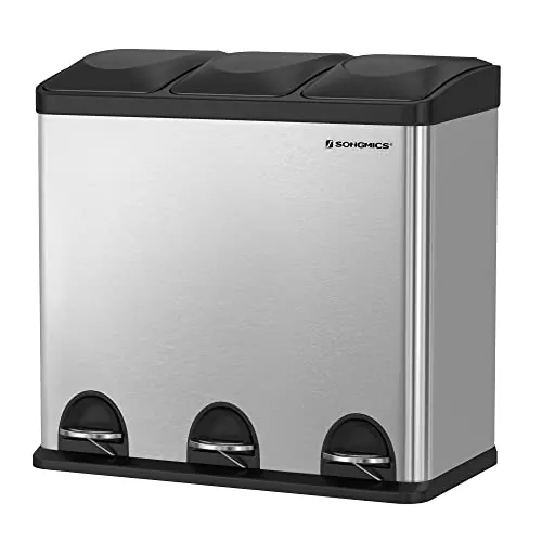 SONGMICS Cubo de Reciclaje 54L, Cubo de Pedal de Acero con 3 Secciones