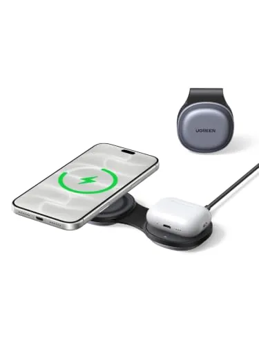 UGREEN MagFlow Qi2 25W Cargador Inalámbrico 2 en 1 Flexible MagSafe | Compatible con iPhone 18 17 16 15 14 13 12 Air Plus Pro Max, AirPods 5 4 3 Pro 3 2 1, Energía Inteligente