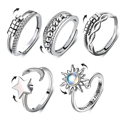 AWAVM 5 anillos de ansiedad para mujer, anillos giratorios abiertos ajustables para adolescentes y niñas, anillos de plata con diseños de mariposa, luna y estrella