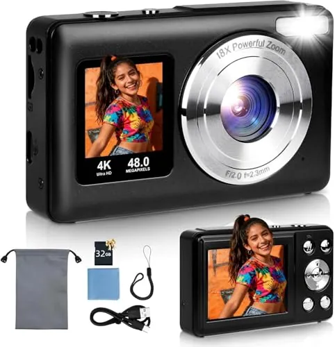 UCMDA Cámara Digital 4K - 【2 Pantalla】, 48 MP, Enfoque Automático Ultra HD, Zoom Optico 18X, Ideal para Vloggers, Principiantes y Viajeros, Selfis con Niños y Adolescentes