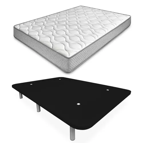 amuéblate Online - Cama Completa con Colchón Carla Reversible + Base Tapizada Extra Reforzada con 6 Patas Cilíndricas Metálicas Roscadas, 105 x 190, Negro