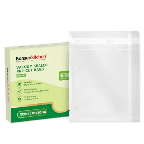 Bonsenkitchen Bolsas de Vacío Para Alimentos 100 Bolsas 20x30 cm | Para Máquina Al Vacío - Bolsas De PVC Gofradas Para La Conservación De Alimentos Y La Cocción, VB3205